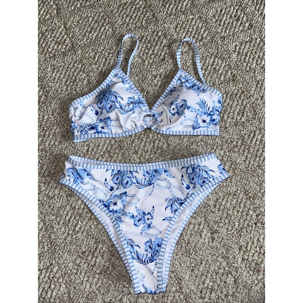 Women's Blue White Floral 2-Piece Bikini Bralette High-Waisted Stretch Small EUC